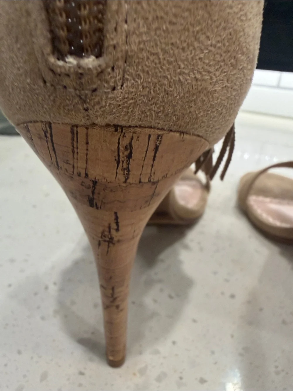 Chinese Laundry Taupe Fringe Ankle-Wrap Heels with Woven Accent